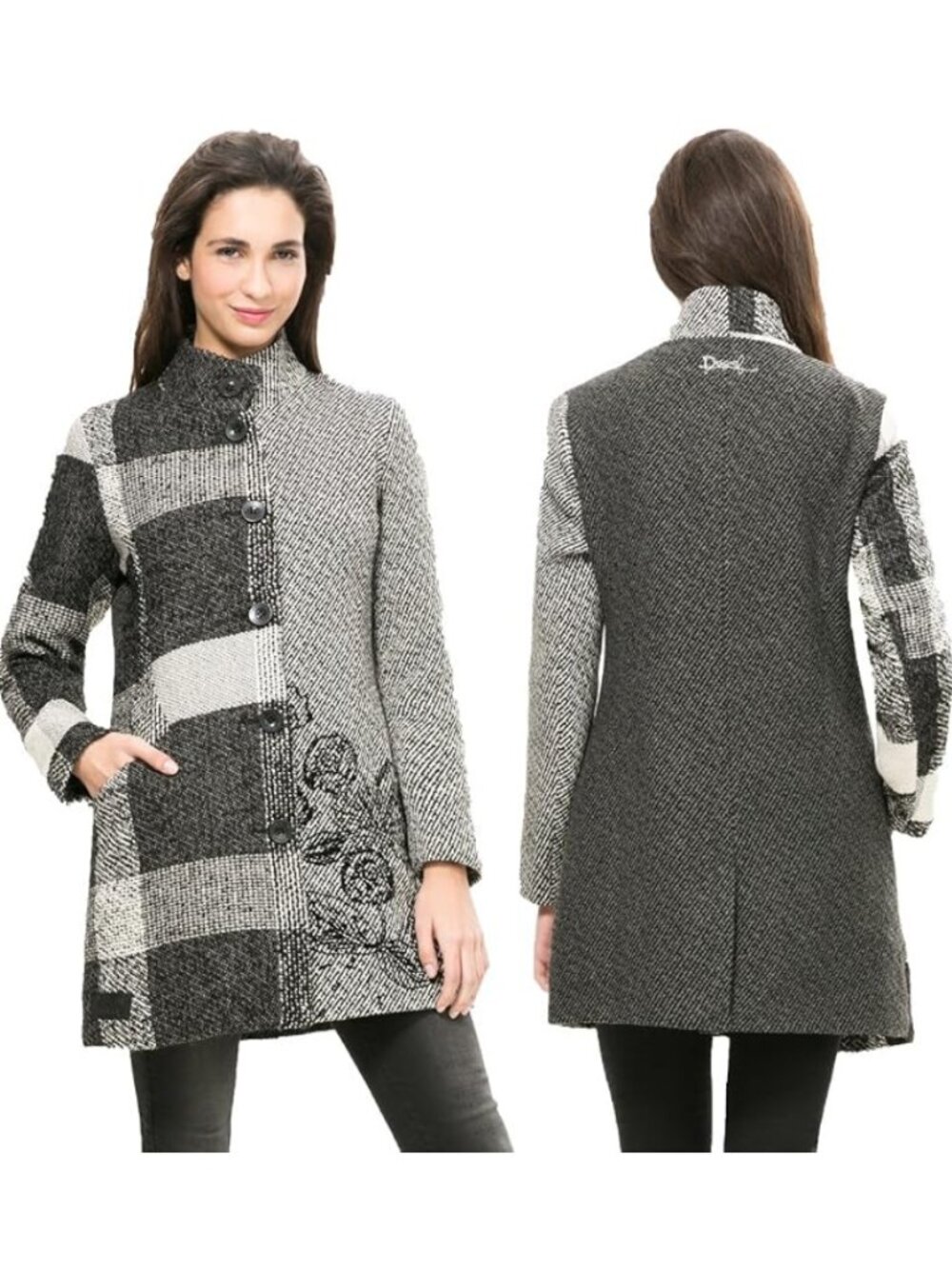 Desigual Patchwork Artsy Wool Blend Tweed Button Front Pea Coat